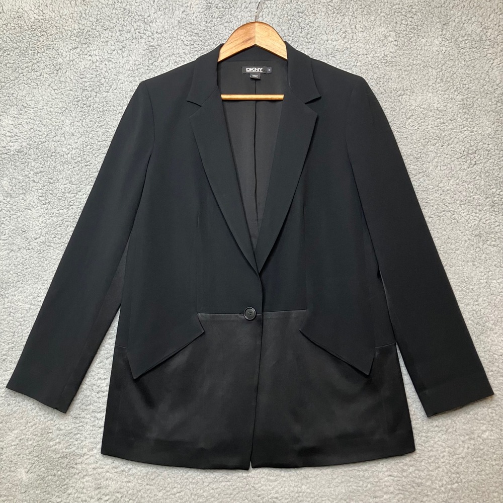 DKNY Blazer Women 10 Black Satin Trim Sleek Professional Minimal Business Jacket